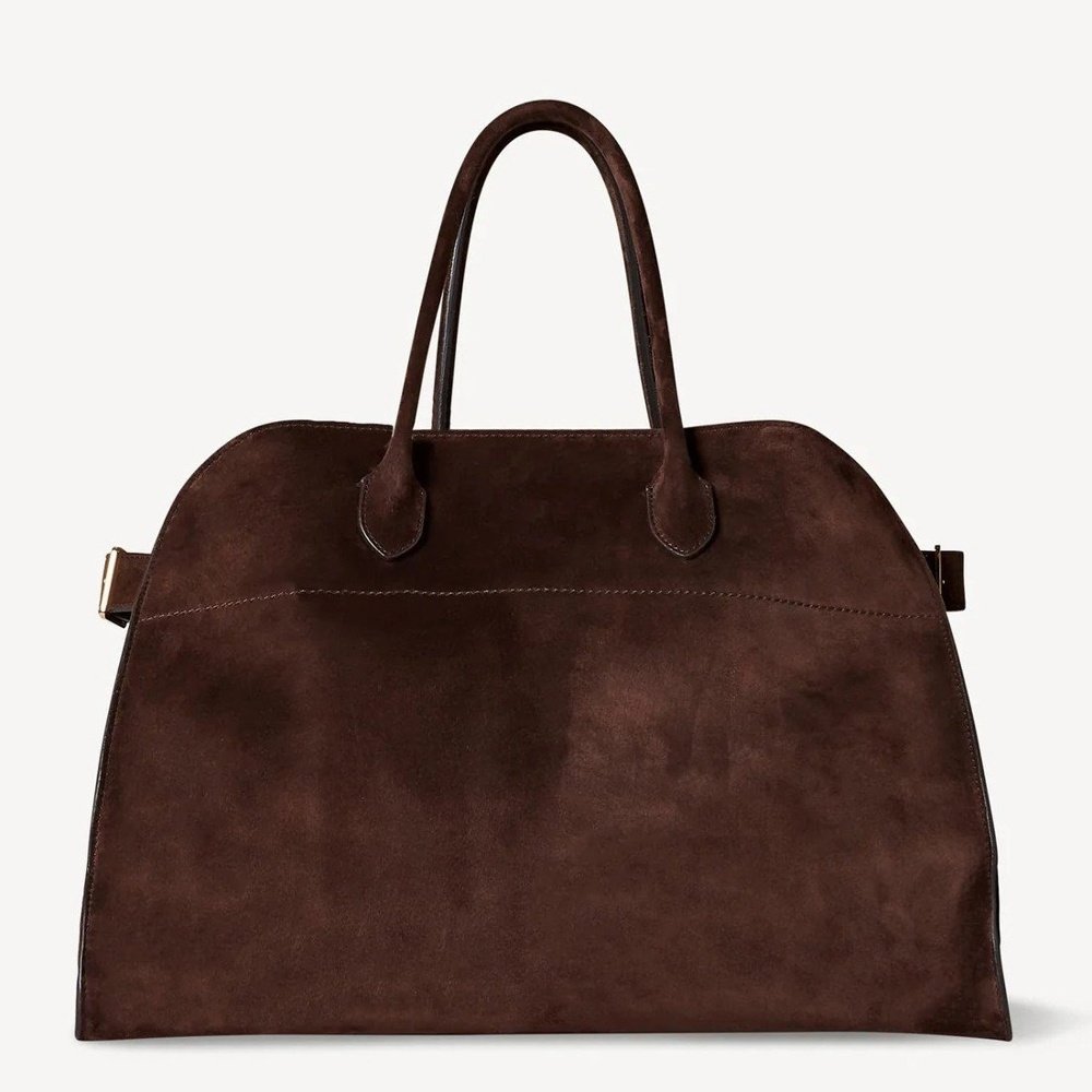 The Row Margaux 15 Bag in Mocha Suede Leather – Front View