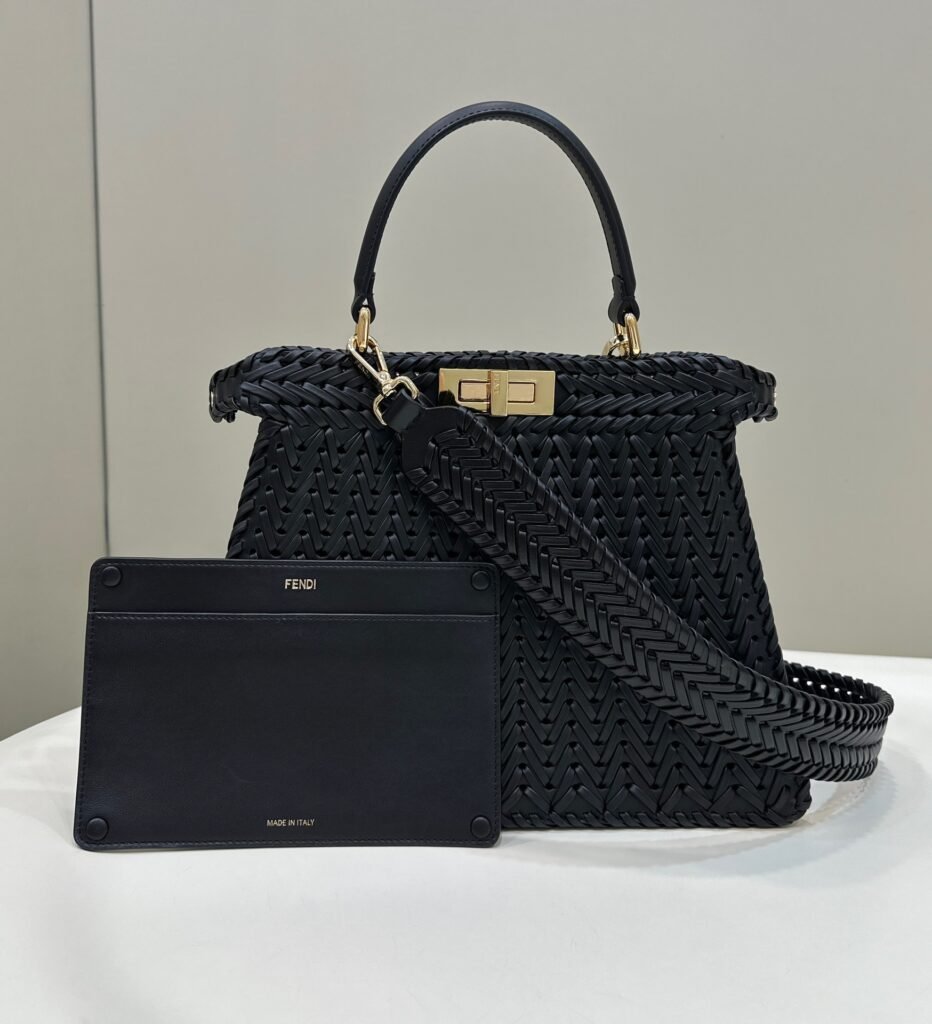 Black cow leather knit Peekaboo handbag front view